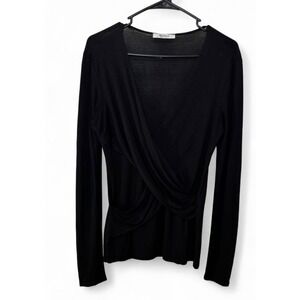 Max Mara Black Draped Wrap V-Neck Long Sleeve Top Made in Italy Women's